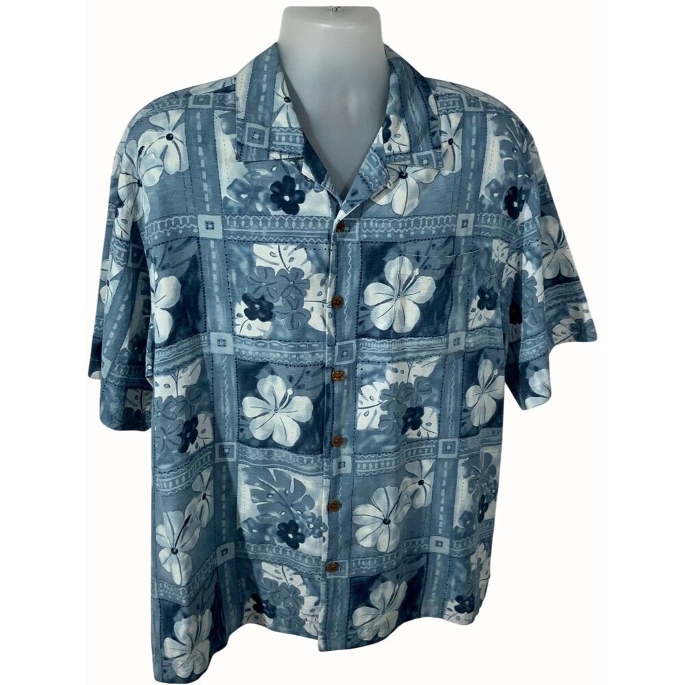 Bermuda Bay Mens Hawaiian Tropical Floral Short Sleeve Blue Button Up Shirt 2XL